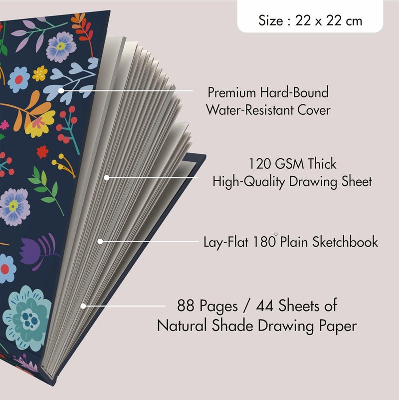 Zaslan - Artist Sketchbook - Square - 120 GSM - Drawing Sketchbook - 88 Pages/44 Sheets - Hard Bound Drawing Book - Size 21.5 x 21.5 cm (Floral Blue Serenity), Paper, oil;acrylic - Image 3