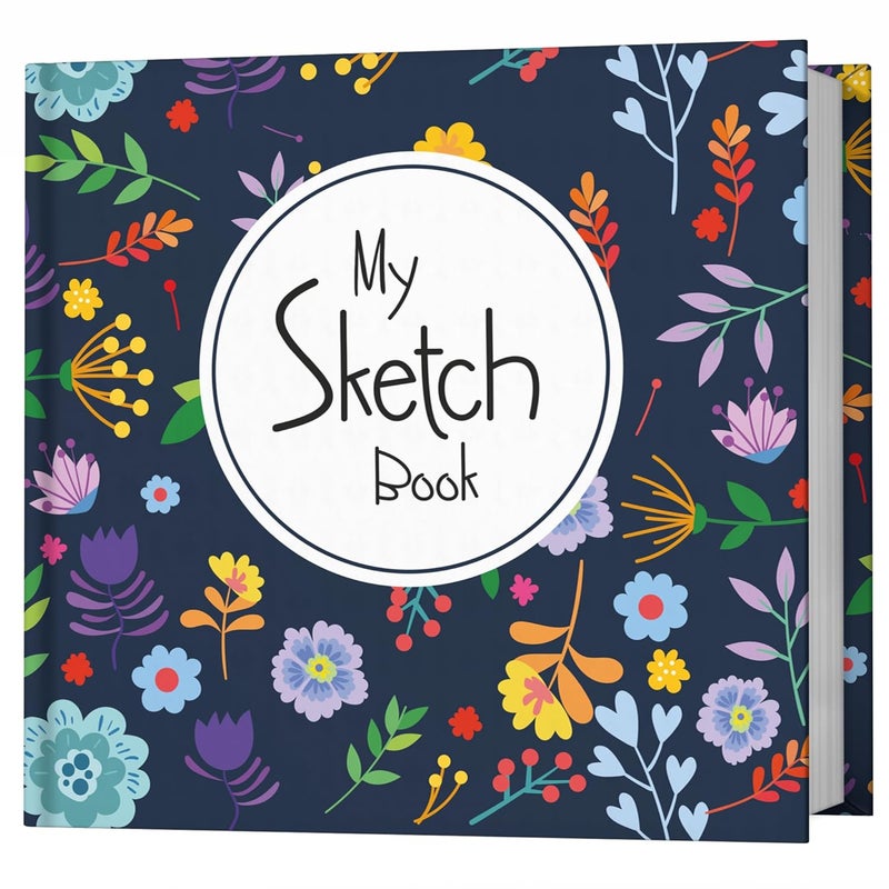 Zaslan - Artist Sketchbook - Square - 120 GSM - Drawing Sketchbook - 88 Pages/44 Sheets - Hard Bound Drawing Book - Size 21.5 x 21.5 cm (Floral Blue Serenity), Paper, oil;acrylic - Image 1