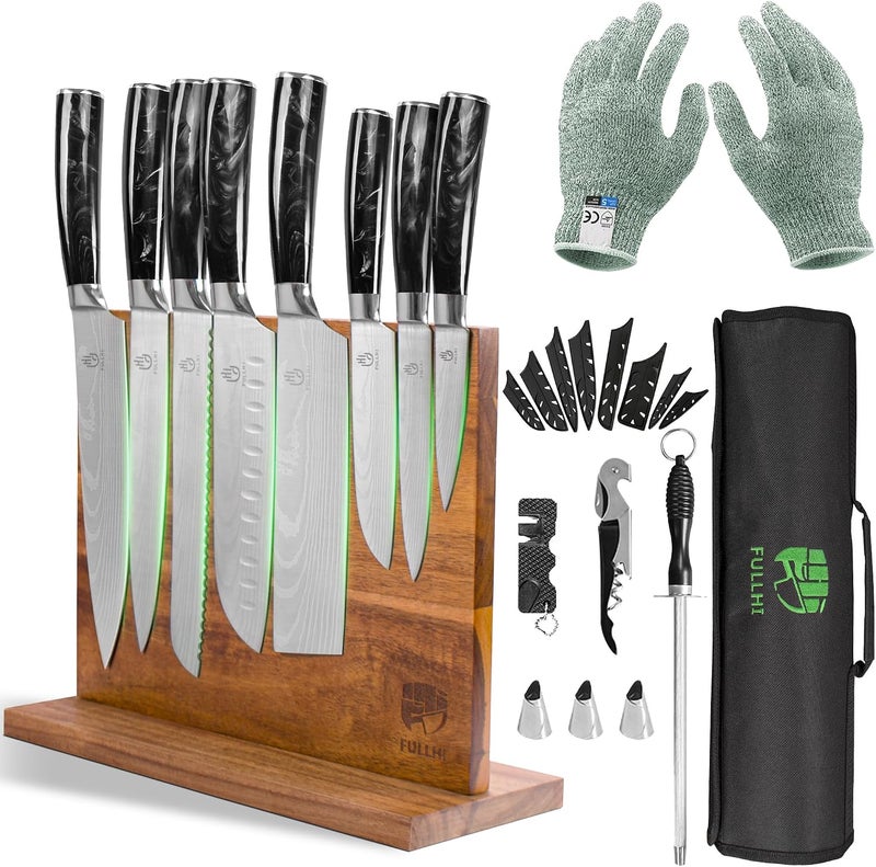 FULLHI 14/15pcs Japanese Multiple Colour Premium German Stainless Steel Kitchen Knife Set (Black, Magnetic Block Knife set) - Image 1