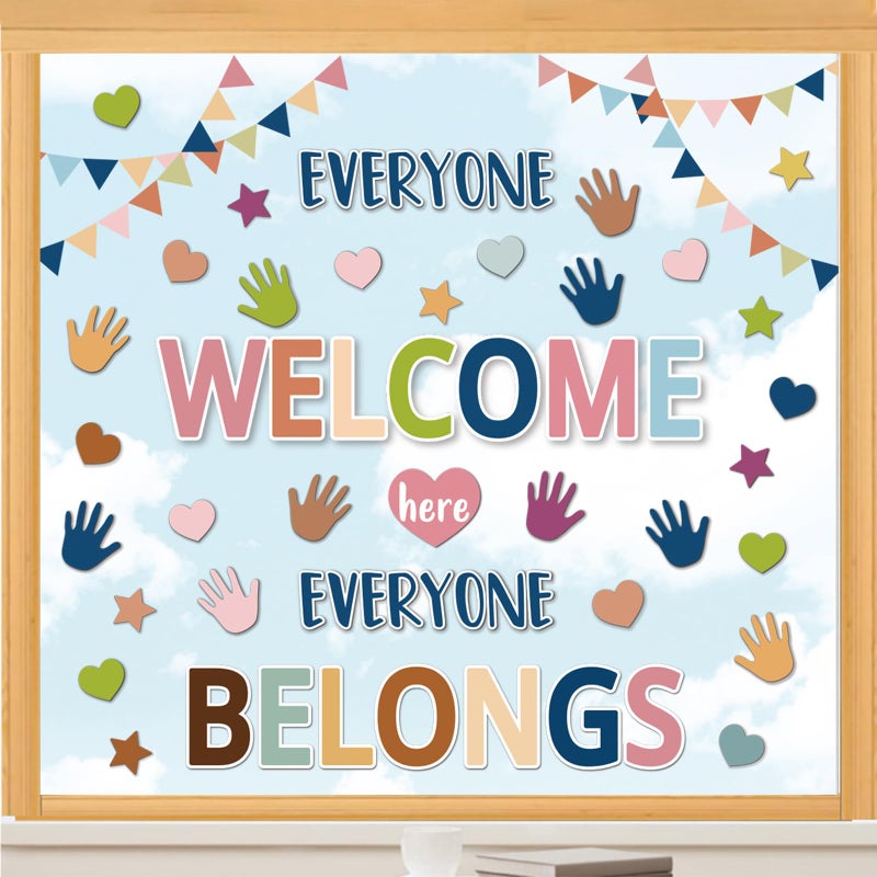 Whaline وايلين 9 ورقة ملصقات نوافذ العودة إلى المدرسة بطباعة يدوية على شكل قلب ونجمة مزخرفة من الجانبين مرحبًا بالجميع هنا ديكور نوافذ للطلاب في الفصول الدراسية وغرف اللعب وديكور الحضانة - Image 1