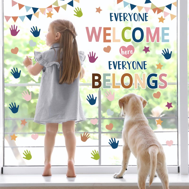 Whaline وايلين 9 ورقة ملصقات نوافذ العودة إلى المدرسة بطباعة يدوية على شكل قلب ونجمة مزخرفة من الجانبين مرحبًا بالجميع هنا ديكور نوافذ للطلاب في الفصول الدراسية وغرف اللعب وديكور الحضانة - Image 4