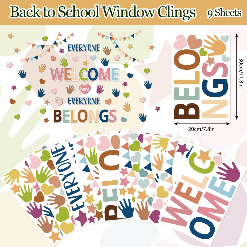 Whaline وايلين 9 ورقة ملصقات نوافذ العودة إلى المدرسة بطباعة يدوية على شكل قلب ونجمة مزخرفة من الجانبين مرحبًا بالجميع هنا ديكور نوافذ للطلاب في الفصول الدراسية وغرف اللعب وديكور الحضانة - Image 5