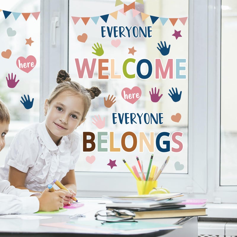 Whaline وايلين 9 ورقة ملصقات نوافذ العودة إلى المدرسة بطباعة يدوية على شكل قلب ونجمة مزخرفة من الجانبين مرحبًا بالجميع هنا ديكور نوافذ للطلاب في الفصول الدراسية وغرف اللعب وديكور الحضانة - Image 2