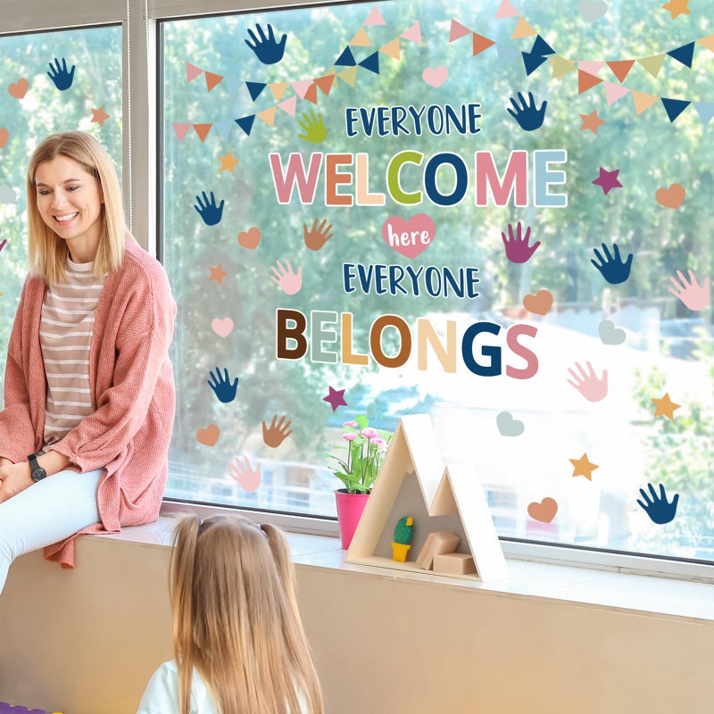 Whaline وايلين 9 ورقة ملصقات نوافذ العودة إلى المدرسة بطباعة يدوية على شكل قلب ونجمة مزخرفة من الجانبين مرحبًا بالجميع هنا ديكور نوافذ للطلاب في الفصول الدراسية وغرف اللعب وديكور الحضانة - Image 3