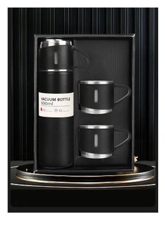 Thermos Set (Bottle and 2 Cups with the possibility of using the lid as a third cup) Made of double-layer stainless steel with a vacuum flask, travel and trip bottle, capacity 500 ml (Black)