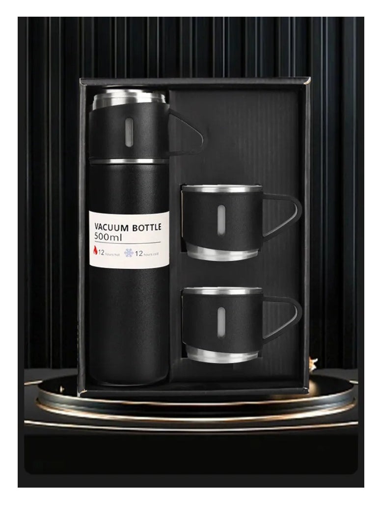 Generic - Thermos Set (Bottle and 2 Cups with the possibility of using the lid as a third cup) Made of double-layer stainless steel with a vacuum flask, travel and trip bottle, capacity 500 ml (Black) - Image 1