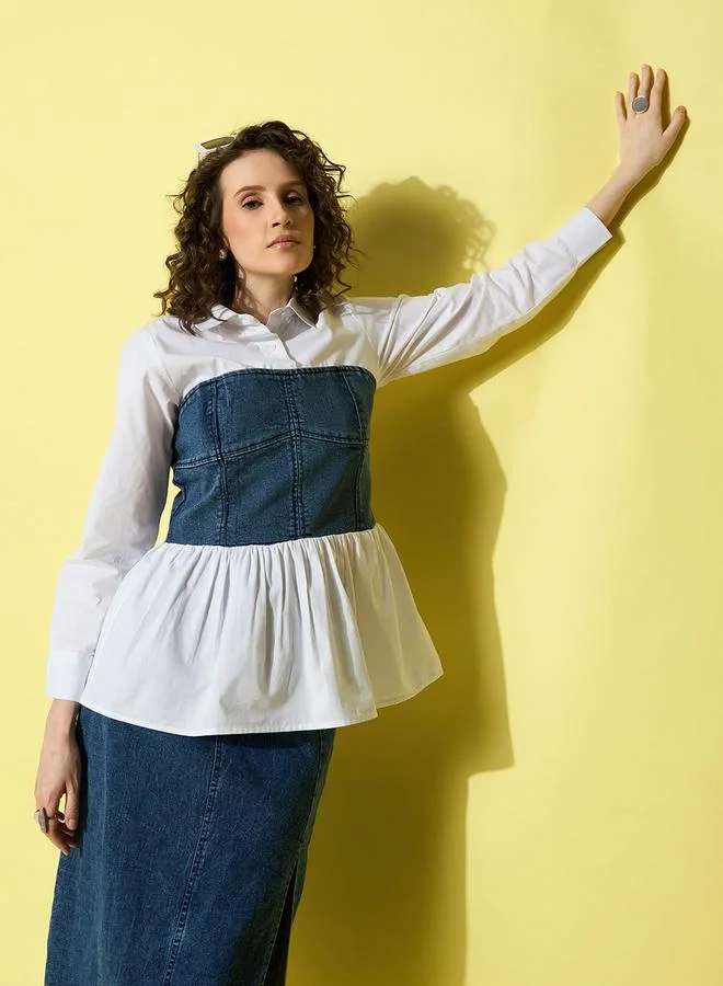 Stylestone Multi Stylestone White Cotton Top with attached Denim Corset for Women | Best Price UAE