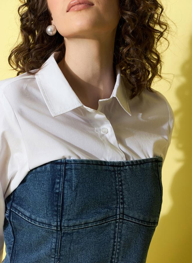 ستايل ستون بلوزة قطنية بتفاصيل كورسية بنسيج دنيم - Image 5