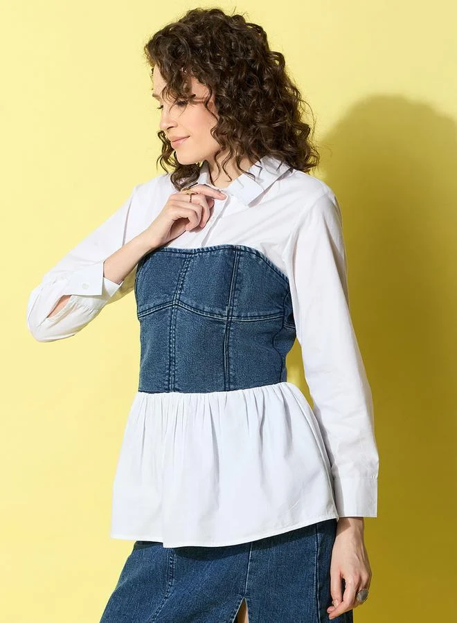 Stylestone Multi Stylestone White Cotton Top with attached Denim Corset for Women | Best Price UAE