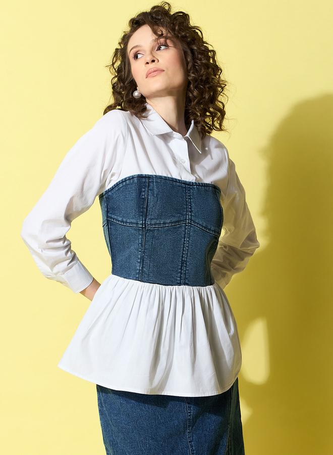 Stylestone White Cotton Top with attached Denim Corset - Image 2