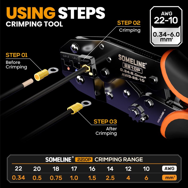 SOMELINE® Wire Terminals Crimping Tool, with 39 Sizes Insulated Ratcheting Terminals Crimper Kit of AWG 22-10 Insulated Electrical Butt Bullet Spade Fork Ring Spade Splice Crimp Terminals - Image 2
