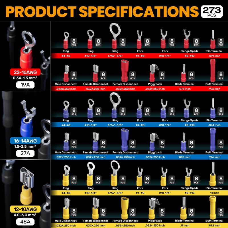 SOMELINE® Wire Terminals Crimping Tool, with 39 Sizes Insulated Ratcheting Terminals Crimper Kit of AWG 22-10 Insulated Electrical Butt Bullet Spade Fork Ring Spade Splice Crimp Terminals - Image 4