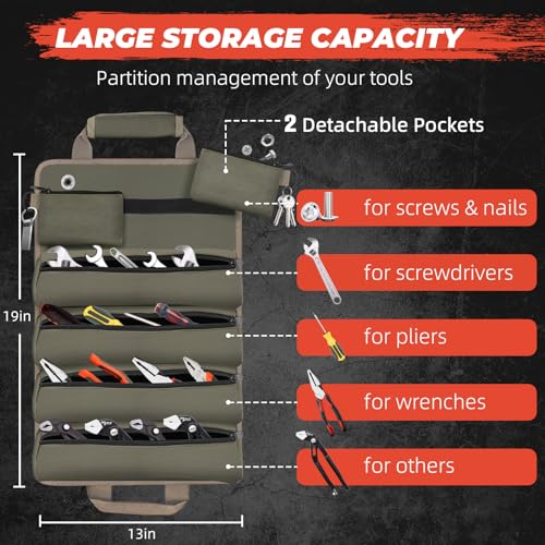 VEITORLD Tool Roll Up Bag, Gifts for Men Dad Husband Him Christmas, Mens Stocking Stuffers, Portable Tools Box Storage for Men, Heavy Duty Tool Organizer W/Detachable Pouches for Electrician Mechanic Carpenter - Image 2
