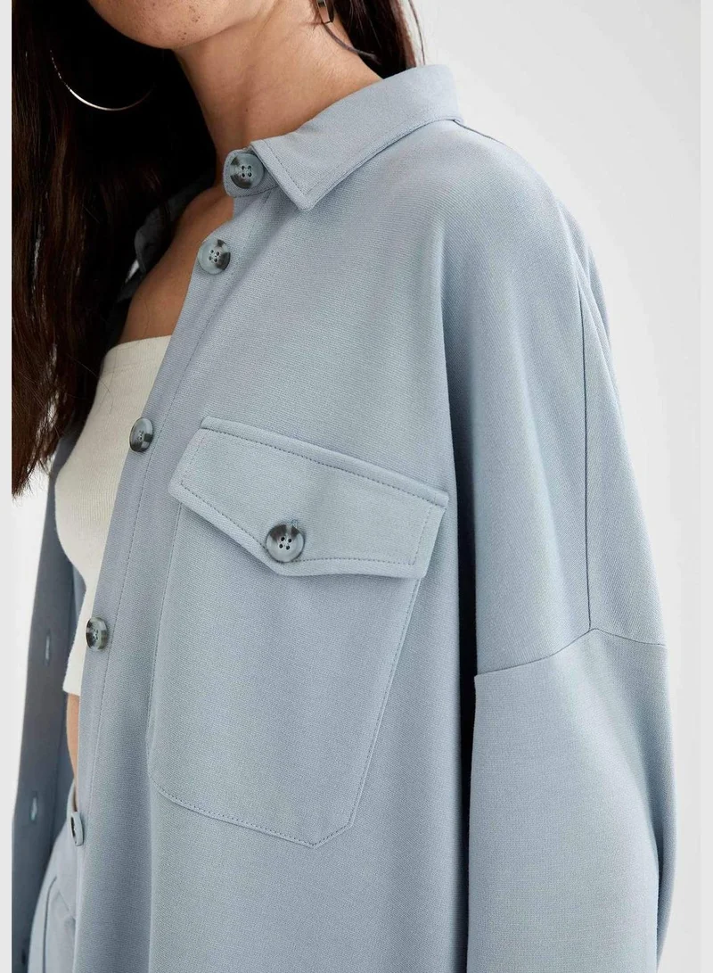ديفاكتو Woman Woven Top Shacket Shirt Neck Long Sleeve Tunic