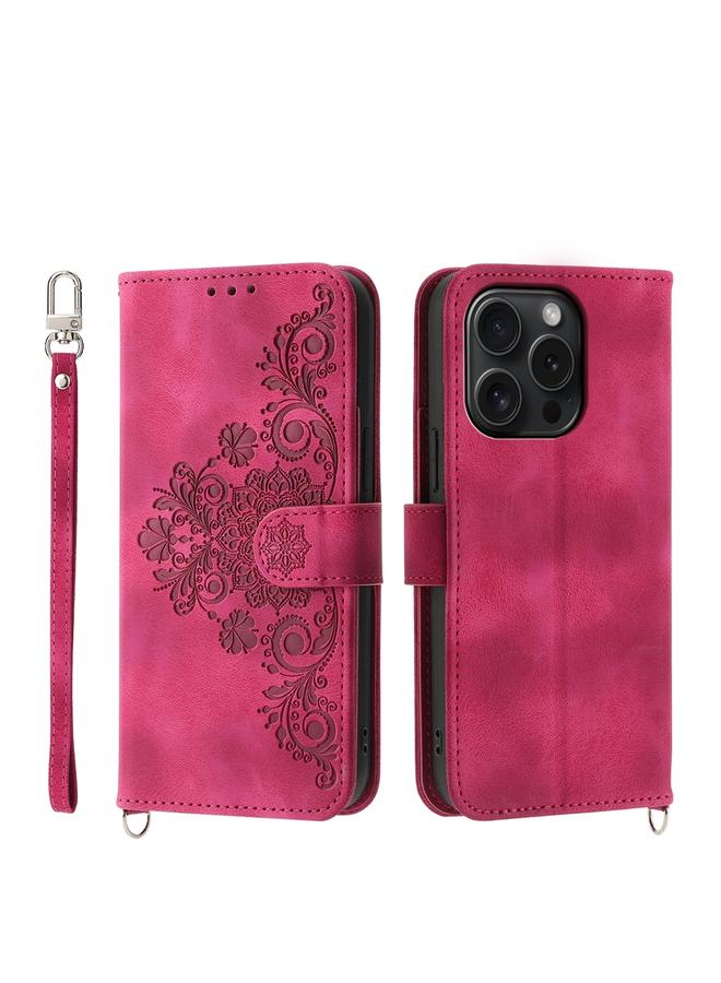 The Bros Case For iPhone 15 Pro Skin-feel Flowers Embossed Wallet Leather Phone Case