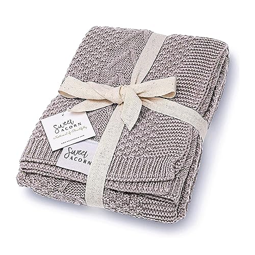 Sweet Acorn Knit Baby Blanket in Cable Pattern Organic Cotton Blankets for Crib or Stroller Receiving Blankets  Fog Grey