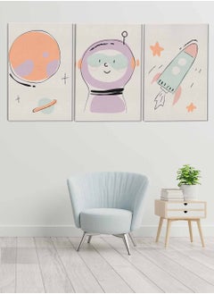 LOWHA Set Of 3 Framed Canvas Wall Arts Stretched Over Wooden Frame Kids Cute Astronaut Spaceship Paintings For Home Living Room Office Decor  - Image 1