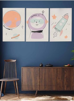 LOWHA Set Of 3 Framed Canvas Wall Arts Stretched Over Wooden Frame Kids Cute Astronaut Spaceship Paintings For Home Living Room Office Decor  - Image 2