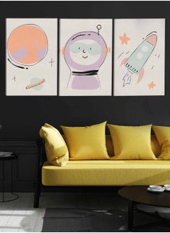 LOWHA Set Of 3 Framed Canvas Wall Arts Stretched Over Wooden Frame Kids Cute Astronaut Spaceship Paintings For Home Living Room Office Decor  - Image 3