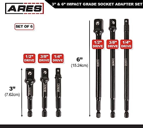 ARES 70382-6-Piece 3-Inch and 6-Inch Impact Grade Socket Adapter Set - Turns Impact Drill Driver into High Speed Socket Driver - 1/4-Inch, 3/8-Inch, and 1/2-Inch Drive Sizes - Image 2