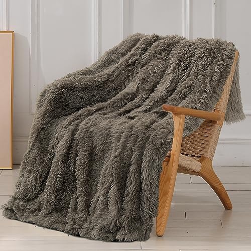 Tuddrom Decorative Extra Soft Faux Fur Throw Blanket 50"x60",Solid Reversible Fuzzy Lightweight Long Hair Shaggy Blanket,Fluffy Cozy Plush Fleece Comfy Microfiber Blanket for Couch Sofa Bed,Brown - Image 1