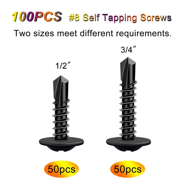 weideer 100pcs #8 Self Tapping Screws for matal,410 Stainless Steel Screws Assortment Kit,Black Oxide Truss Head Matal Screw (1/2" 50pcs+3/4" 50pcs) - Image 5