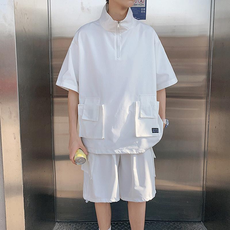 Half zipper stand collar pullover workwear T-shirt short sleeve shorts suit mens summer two-piece fashion brand handsome suit White 