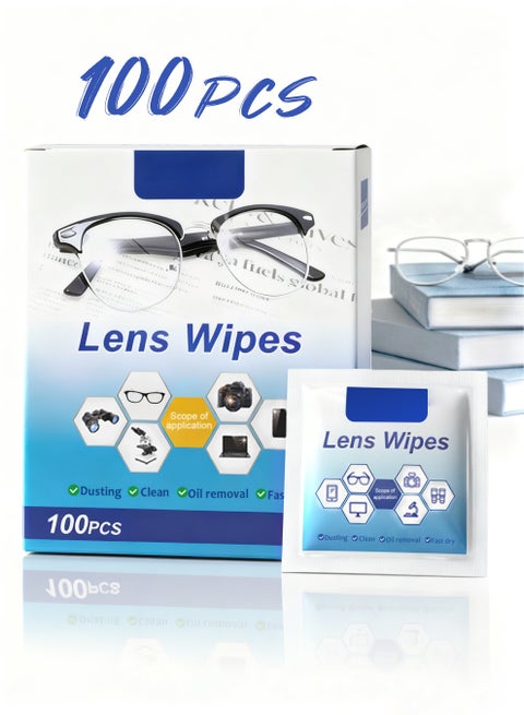 100-Piece Eyeglass Lens Cleaning Wipes, Pre-moistened Individually Wrapped Sracth-Free, Streak-Free Eye Glasses Cleaner Wipes for Sunglass, Camera Lens, Goggles