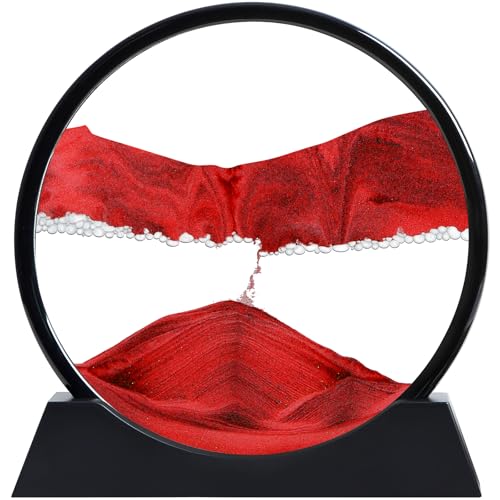 KPNUWN Moving Sand Art Liquid Motion 3D Deep Sea Sandscape Color Quicksand Decor Round Glass Moving Sand Art Picture Relaxing Desktop Home Office Work Decor Red 12 inch - Image 1