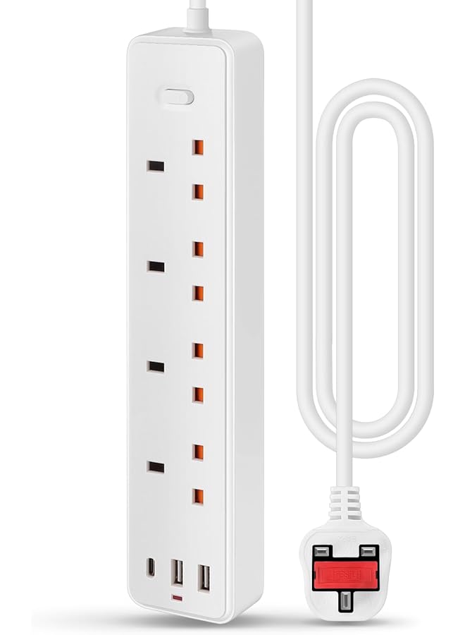 promass Power Strip Surge Protector Extension, 2M Cord with 4 AC Outlet, 2 USB Ports and 1 Type-C Ports, Triple UK Charging Socket for Home, Office, School Supplies-White - Image 1