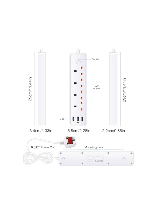 promass Power Strip Surge Protector Extension, 2M Cord with 4 AC Outlet, 2 USB Ports and 1 Type-C Ports, Triple UK Charging Socket for Home, Office, School Supplies-White - Image 3