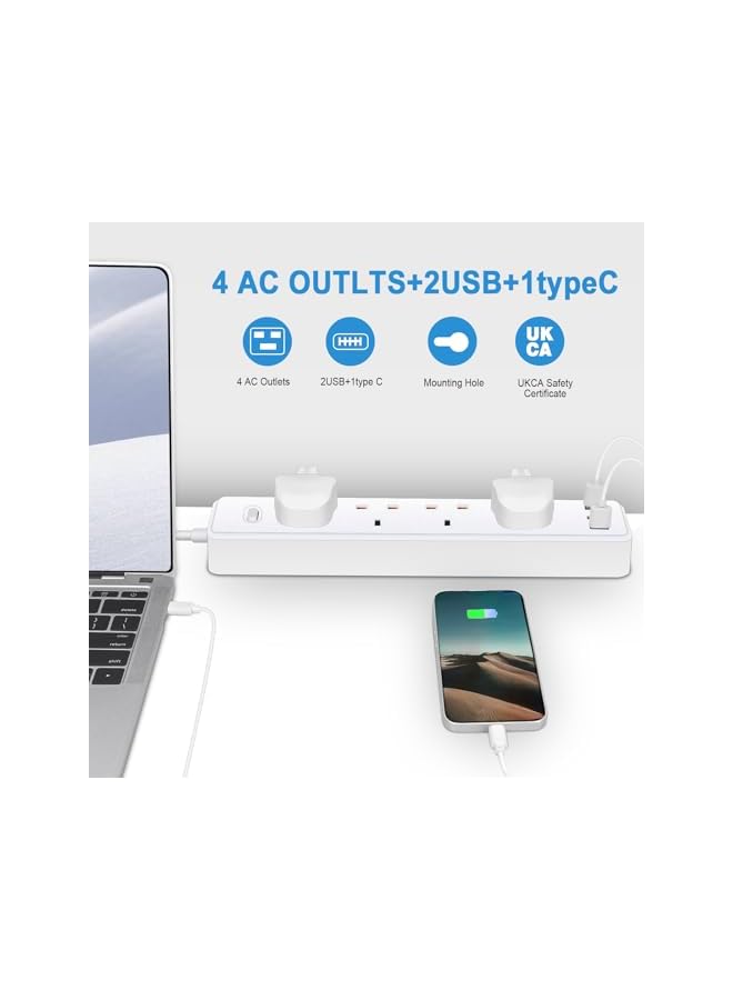 promass Power Strip Surge Protector Extension, 2M Cord with 4 AC Outlet, 2 USB Ports and 1 Type-C Ports, Triple UK Charging Socket for Home, Office, School Supplies-White - Image 5