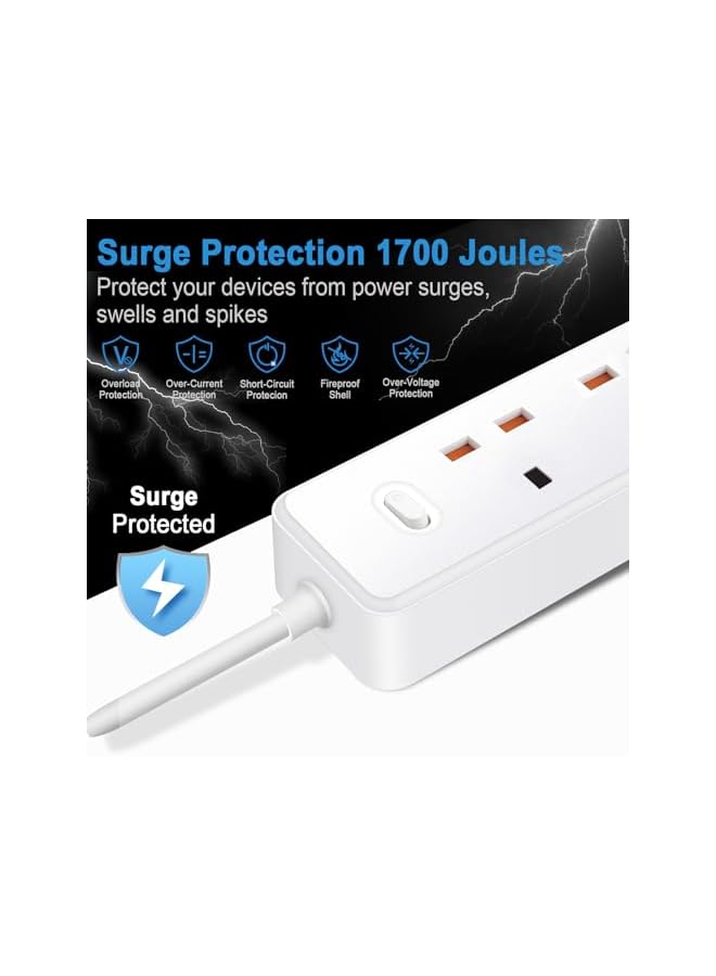 promass Power Strip Surge Protector Extension, 2M Cord with 4 AC Outlet, 2 USB Ports and 1 Type-C Ports, Triple UK Charging Socket for Home, Office, School Supplies-White - Image 2