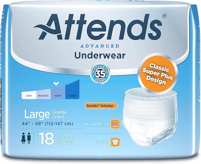 Attends Underwear for Adult Incontinence Care with QuickDry Channels Ultimate Absorbency Unisex Large 18 count x4 - Image 1