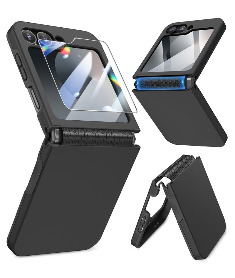 Caka for Samsung Galaxy Z Flip 6 /Z Flip 5 Case [Wireless Charging Compatible][Hinge Protection] [Screen Protector] Women Men Shockproof Protection Phone Cover - Black - Image 1