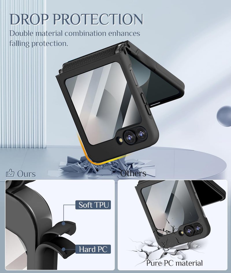 Caka for Samsung Galaxy Z Flip 6 /Z Flip 5 Case [Wireless Charging Compatible][Hinge Protection] [Screen Protector] Women Men Shockproof Protection Phone Cover - Black - Image 3