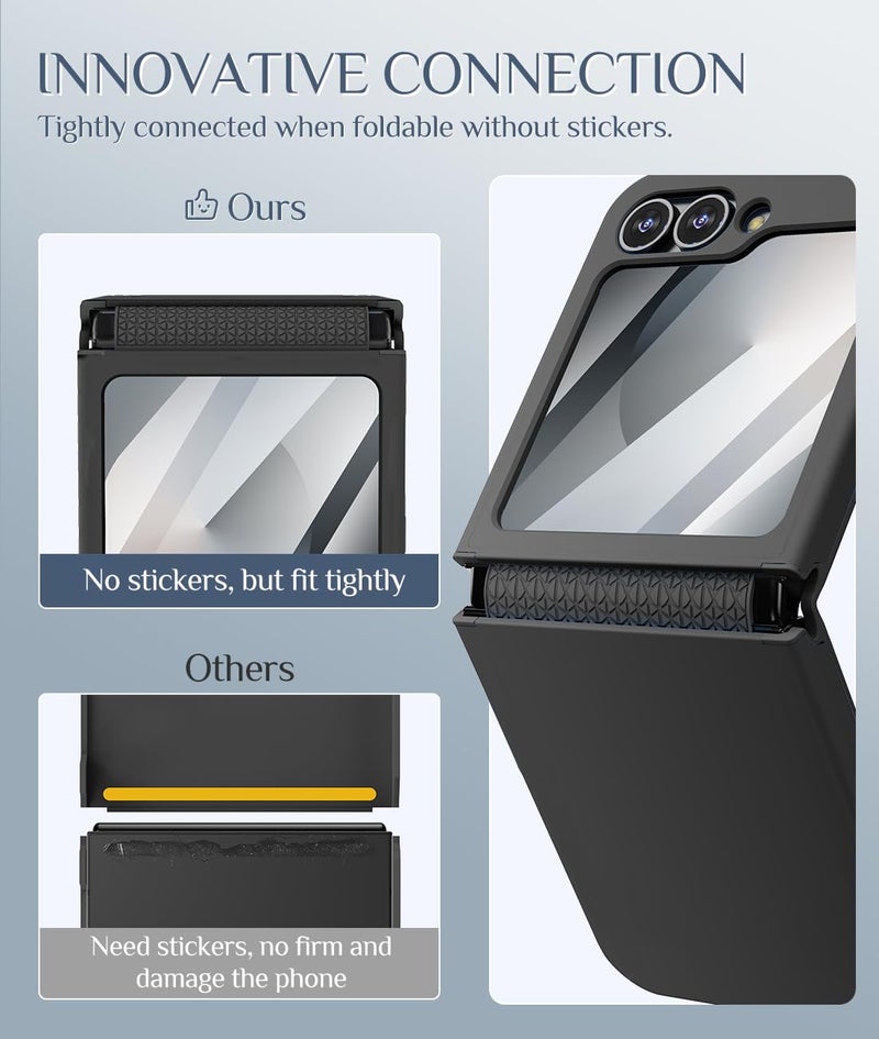 Caka for Samsung Galaxy Z Flip 6 /Z Flip 5 Case [Wireless Charging Compatible][Hinge Protection] [Screen Protector] Women Men Shockproof Protection Phone Cover - Black - Image 4