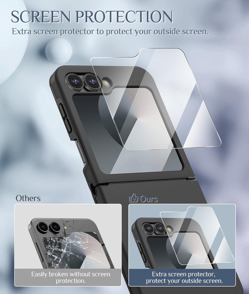 Caka for Samsung Galaxy Z Flip 6 /Z Flip 5 Case [Wireless Charging Compatible][Hinge Protection] [Screen Protector] Women Men Shockproof Protection Phone Cover - Black - Image 2