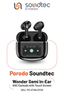 porodo Wonder TWS Earphone with Touch Screen / Remote Camera Trigger / Integrated Flashlight / 4H Music Playback Time / Bluetooth V5.4 - Black  - Image 2