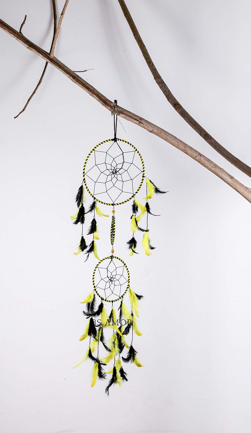 BS AMOR Dream Catcher Wall Hanging Handmade Beaded 3 Ring Circular Net with Feather Decoration(lbh 75 x 19 x 0.3 cm Yellow Black Pack of 1) - Image 3