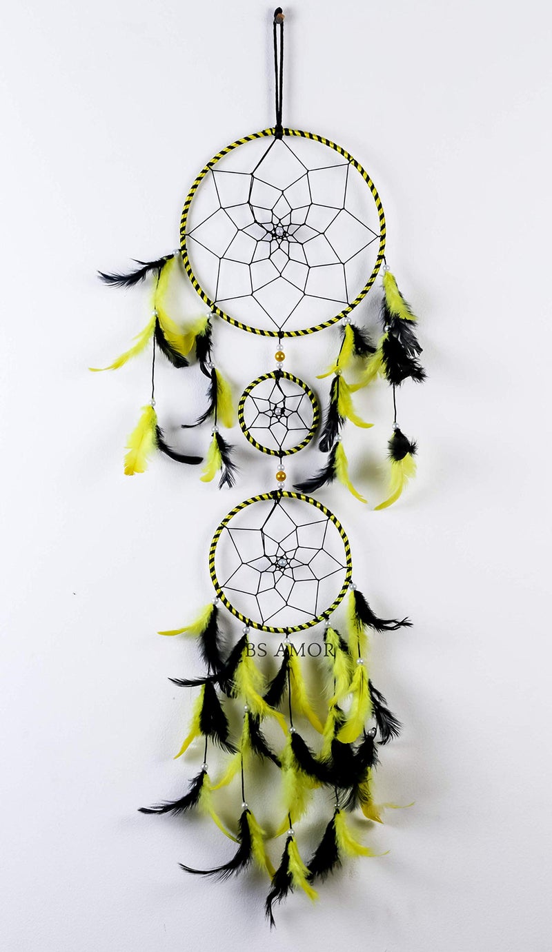 BS AMOR Dream Catcher Wall Hanging Handmade Beaded 3 Ring Circular Net with Feather Decoration(lbh 75 x 19 x 0.3 cm Yellow Black Pack of 1) - Image 4