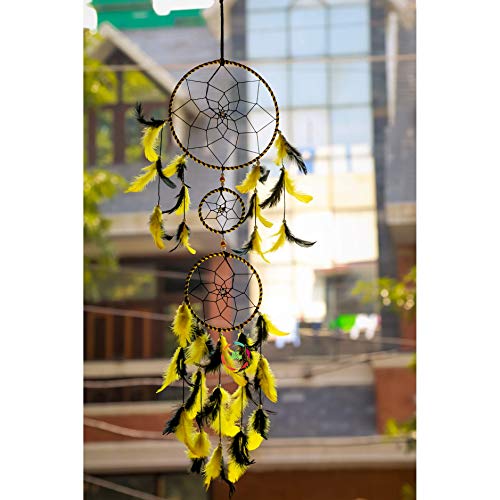 BS AMOR Dream Catcher Wall Hanging Handmade Beaded 3 Ring Circular Net with Feather Decoration(lbh 75 x 19 x 0.3 cm Yellow Black Pack of 1) - Image 1