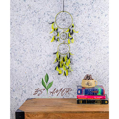 BS AMOR Dream Catcher Wall Hanging Handmade Beaded 3 Ring Circular Net with Feather Decoration(lbh 75 x 19 x 0.3 cm Yellow Black Pack of 1) - Image 2