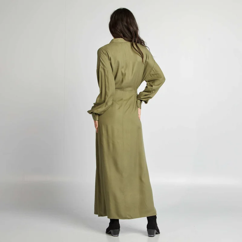 Kiabi Long Patterned Dress With Shirt Collar Khaki