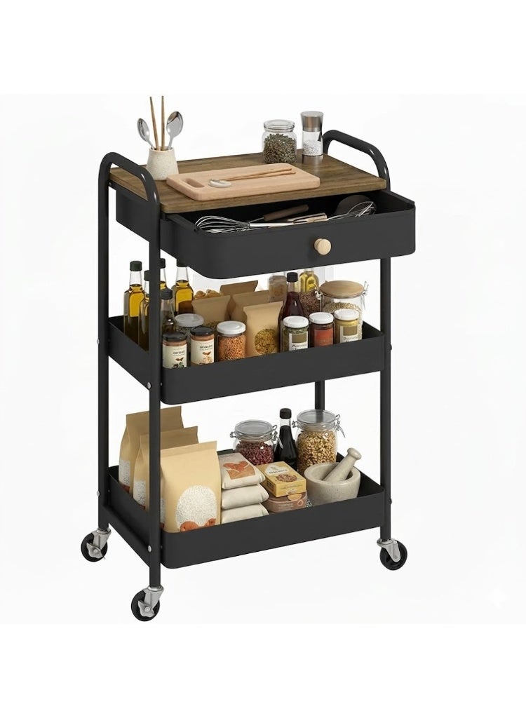 Rolling Cart with Drawers, Black Storage Cart with Locked Wheels - Image 1