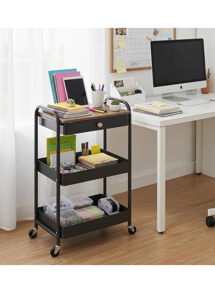 Rolling Cart with Drawers, Black Storage Cart with Locked Wheels - Image 2