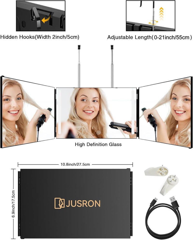 JUSRON 3 Way Mirror for Self Hair Cutting with Lights, Rechargeable 360 Trifold Barber Mirrors LED Makeup Mirror, Light Up Mirror to See Back of Head, DIY Haircut Tool are Good Gifts for Men Women (With LED) - Image 4
