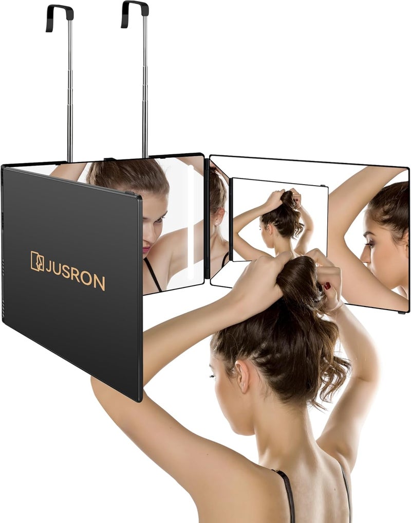 JUSRON 3 Way Mirror for Self Hair Cutting with Lights, Rechargeable 360 Trifold Barber Mirrors LED Makeup Mirror, Light Up Mirror to See Back of Head, DIY Haircut Tool are Good Gifts for Men Women (With LED) - Image 1