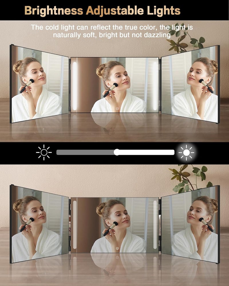 JUSRON 3 Way Mirror for Self Hair Cutting with Lights, Rechargeable 360 Trifold Barber Mirrors LED Makeup Mirror, Light Up Mirror to See Back of Head, DIY Haircut Tool are Good Gifts for Men Women (With LED) - Image 5