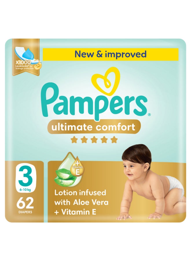 Pampers Ultimate Comfort Taped Diapers, Size 3, 6-10kg, Mega Pack, 62 Count
